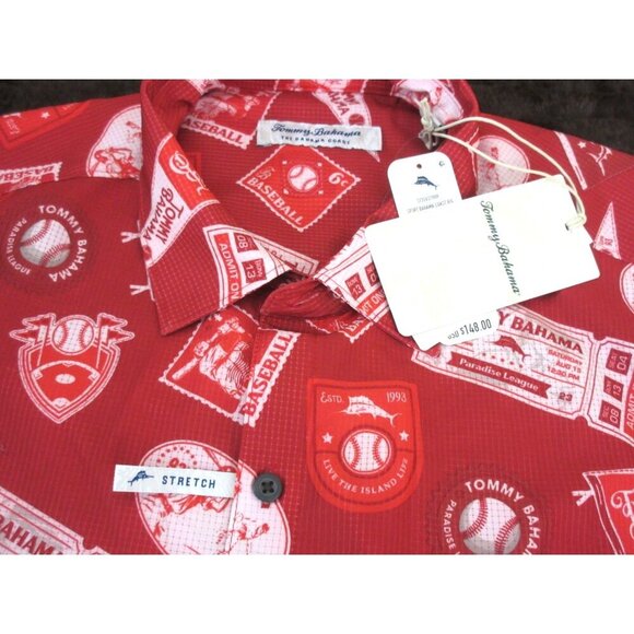 Tommy Bahama Men's SS Big Hitter Baseball Button Up Shirt Chili Pepper Red NWT - Picture 5 of 8